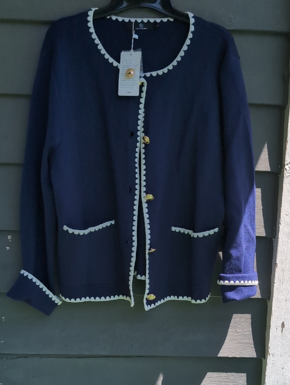 Navy Scalloped-Trim Knit Blazer with Gold Buttons